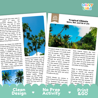 Teacher answer key page showing complete question solutions for Tropical Climate Earth science and geography reading comprehension practice