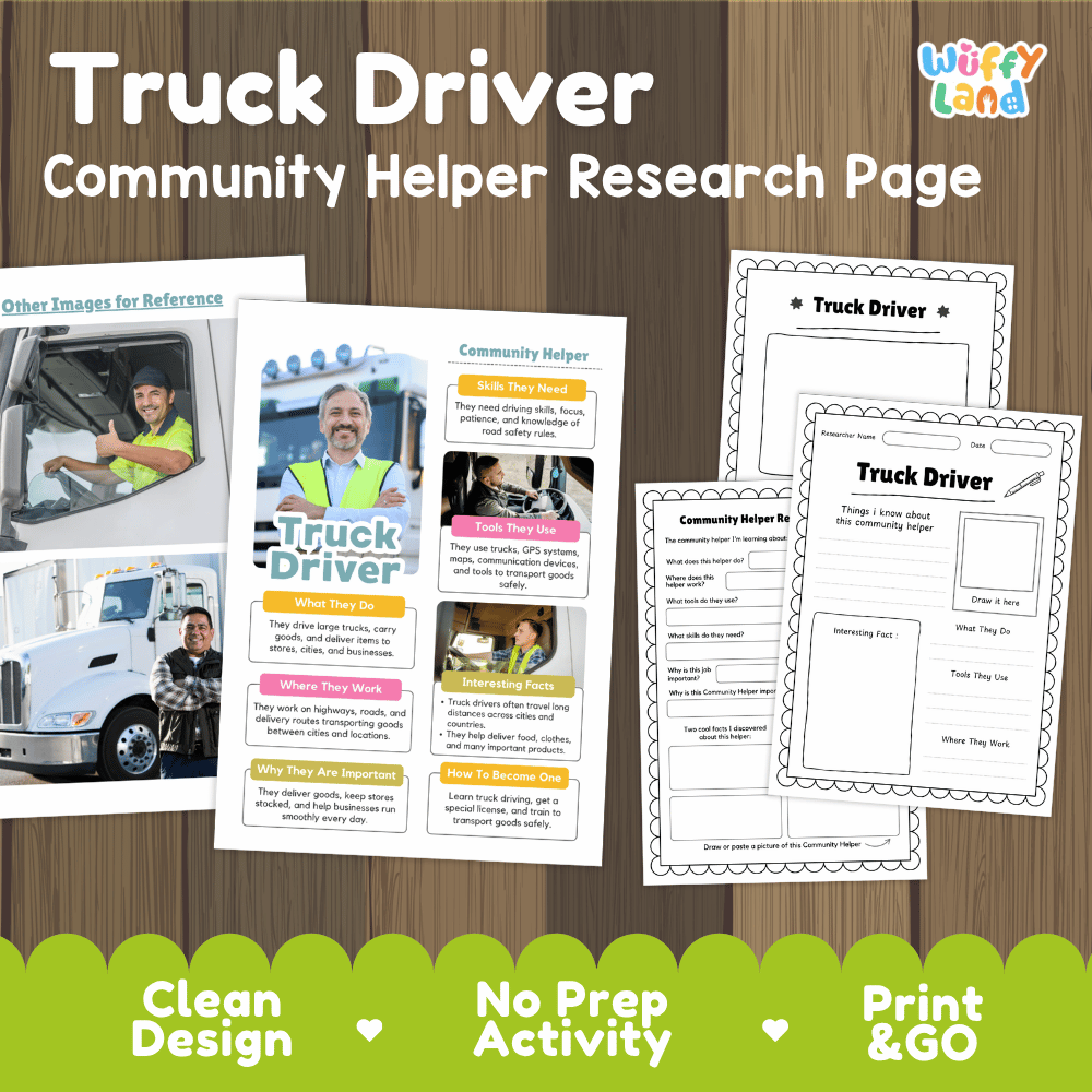 Truck driver community helper research page writing worksheets pack featuring real photos and student activity pages for elementary social studies