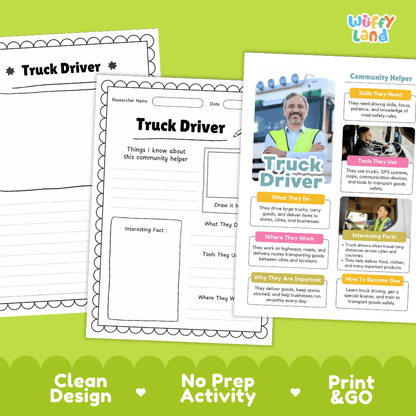 Educational reference poster with real photography showing truck driver job duties, tools, workplace, and interesting facts