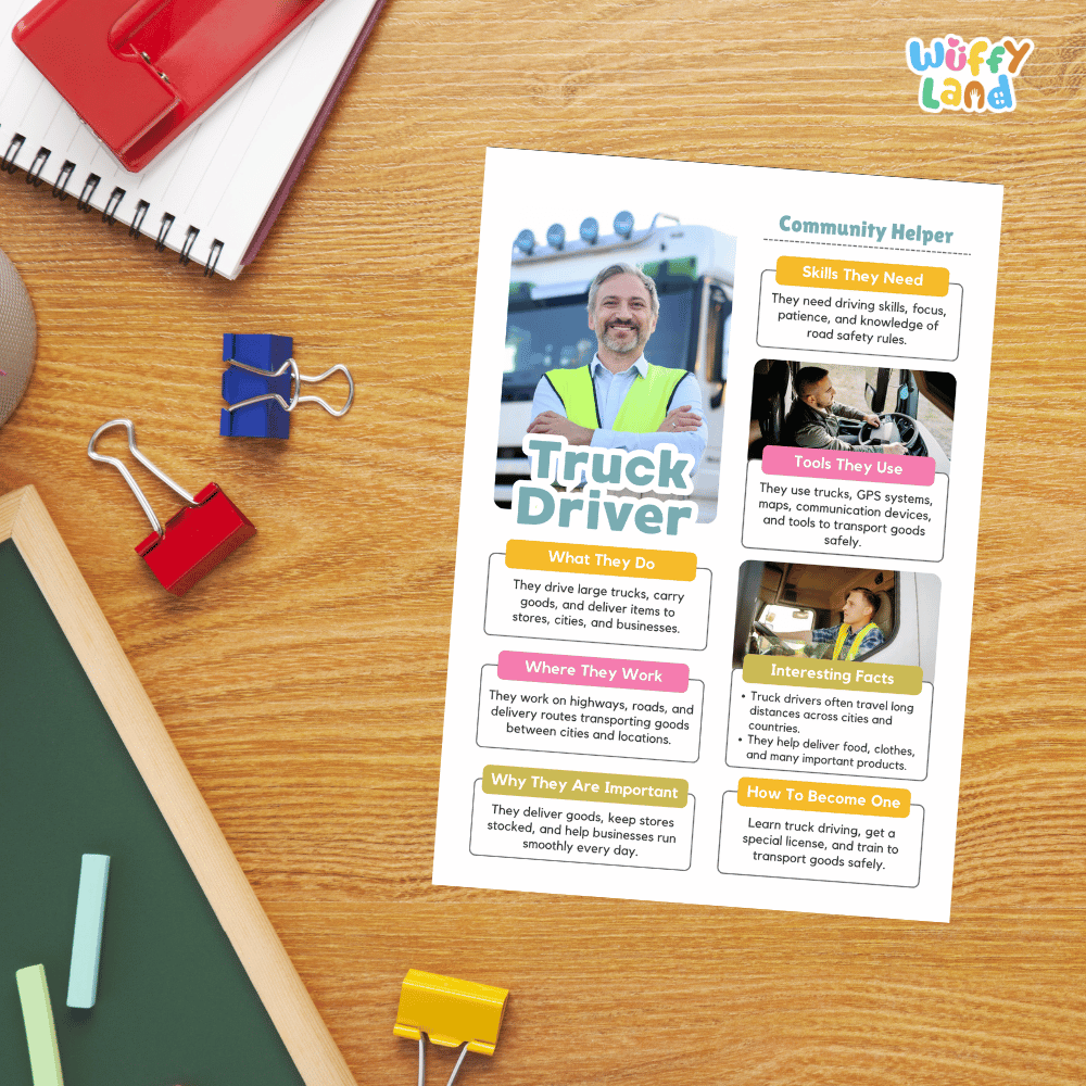 Guided student writing worksheets with lined sections for recording facts and a dedicated box for drawing or pasting a picture of a truck driver