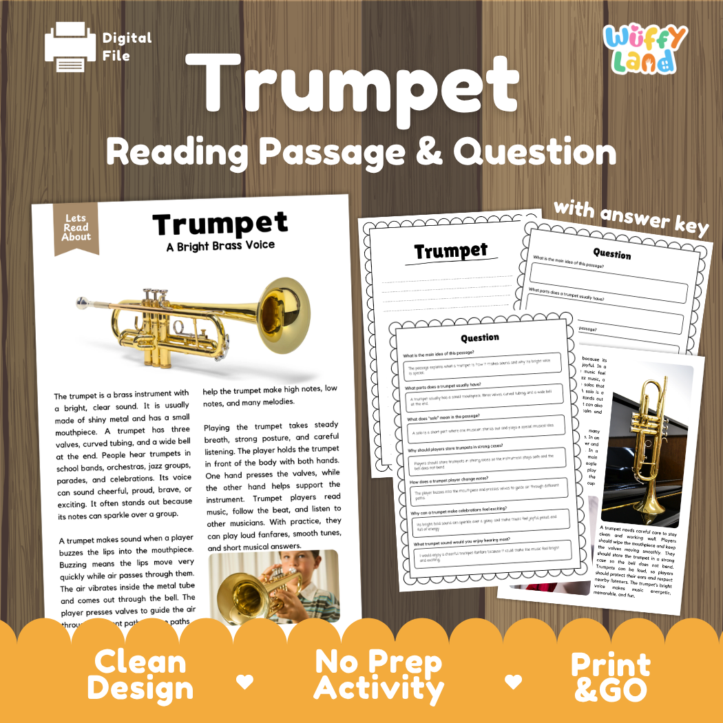 Trumpet reading comprehension passage and questions printable activity pack with answer key for elementary students