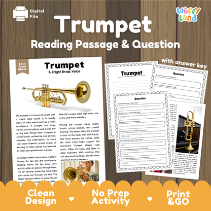 Trumpet reading comprehension passage and questions printable activity pack with answer key for elementary students