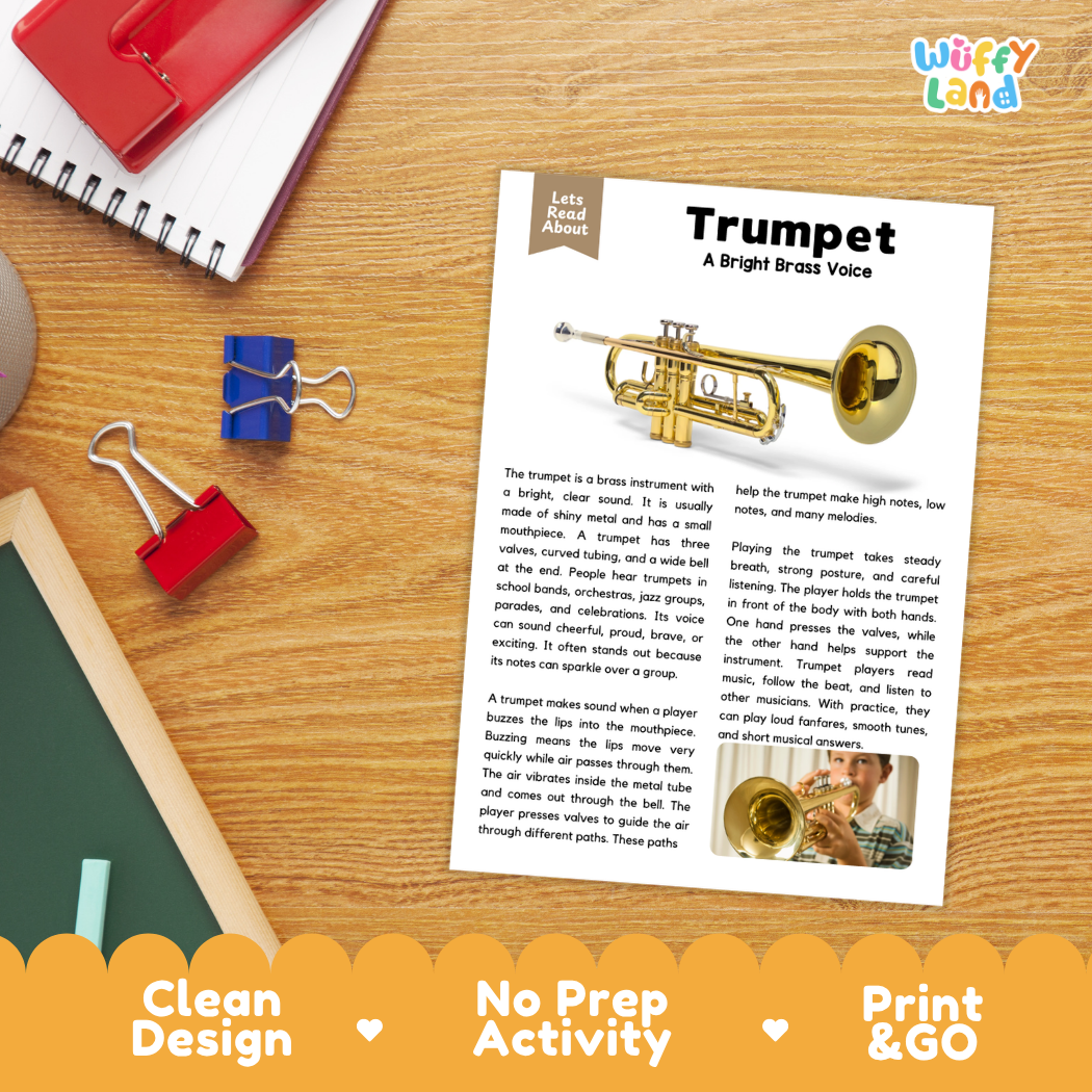Student reading comprehension worksheet with short-answer questions and lined sections about the trumpet instrument