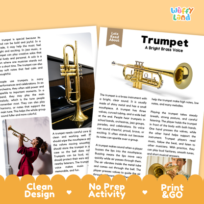 Teacher answer key page showing complete question solutions for Trumpet music education reading comprehension practice