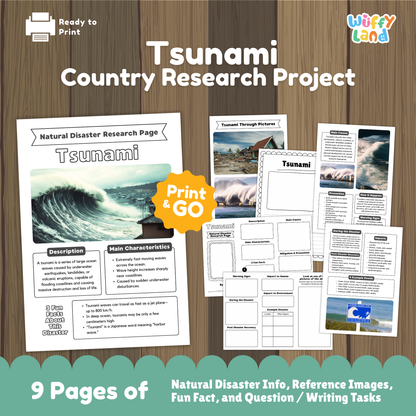 Tsunami country research project printables featuring a main research page, tsunami photo examples, causes and prevention worksheets, and student-friendly activity pages for learning about tsunamis.