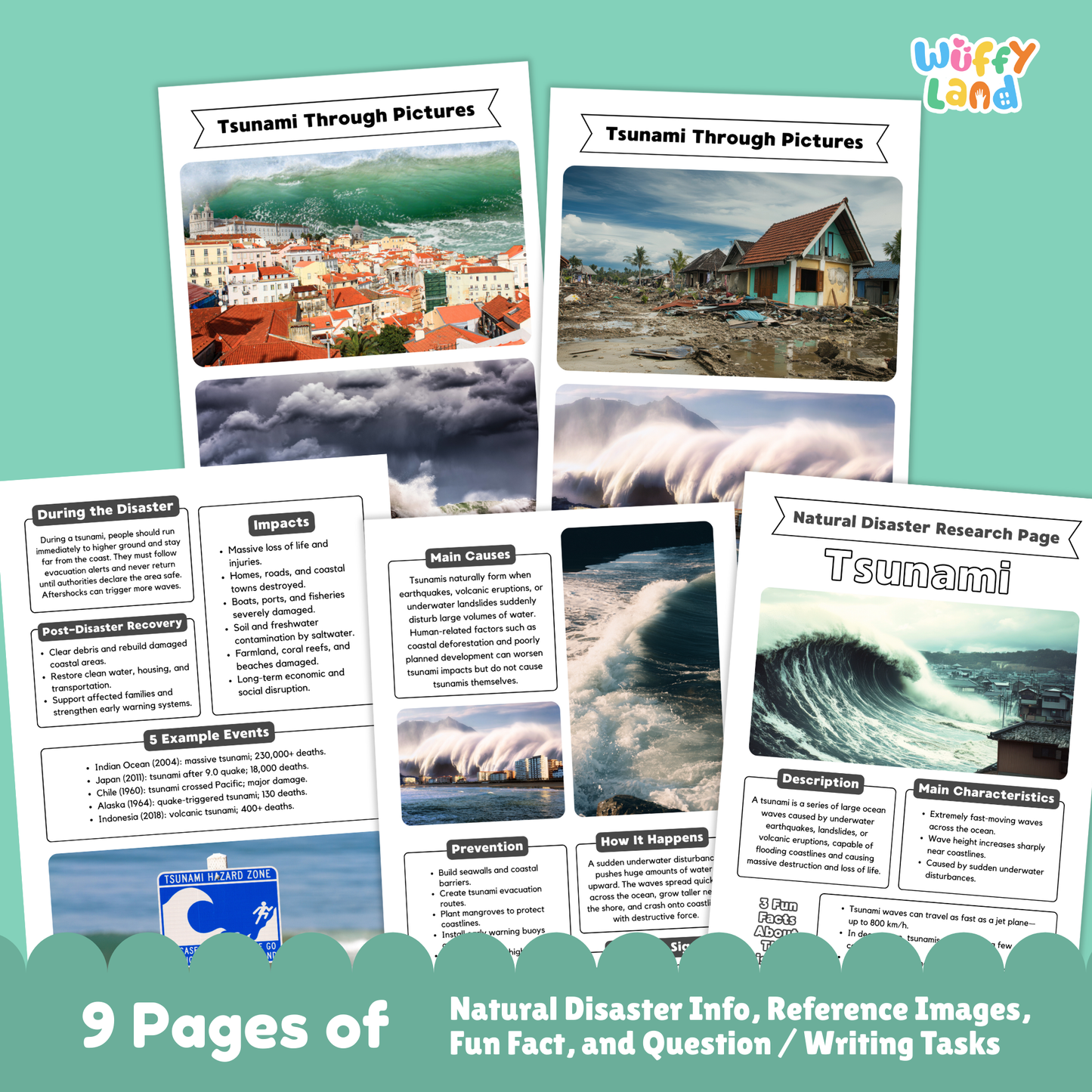Tsunami country research project printables featuring a main research page, tsunami photo examples, causes and prevention worksheets, and student-friendly activity pages for learning about tsunamis.