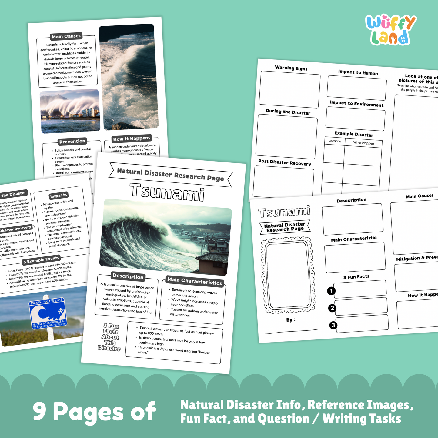 Tsunami country research project printables featuring a main research page, tsunami photo examples, causes and prevention worksheets, and student-friendly activity pages for learning about tsunamis.