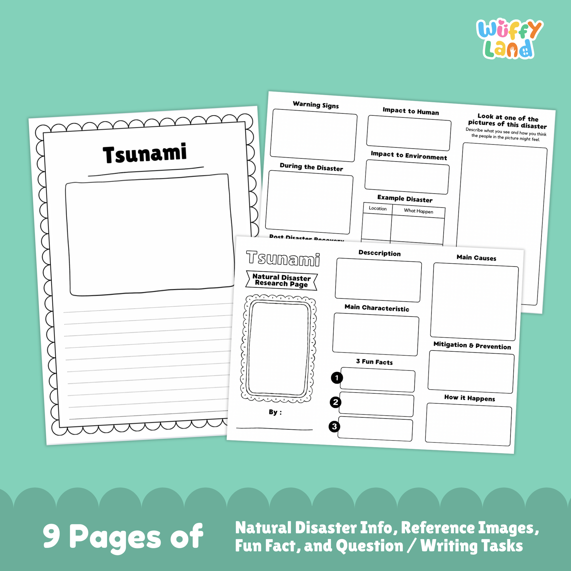 Tsunami country research project printables featuring a main research page, tsunami photo examples, causes and prevention worksheets, and student-friendly activity pages for learning about tsunamis.
