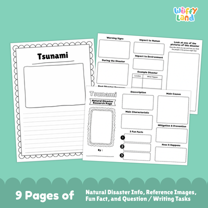 Tsunami country research project printables featuring a main research page, tsunami photo examples, causes and prevention worksheets, and student-friendly activity pages for learning about tsunamis.