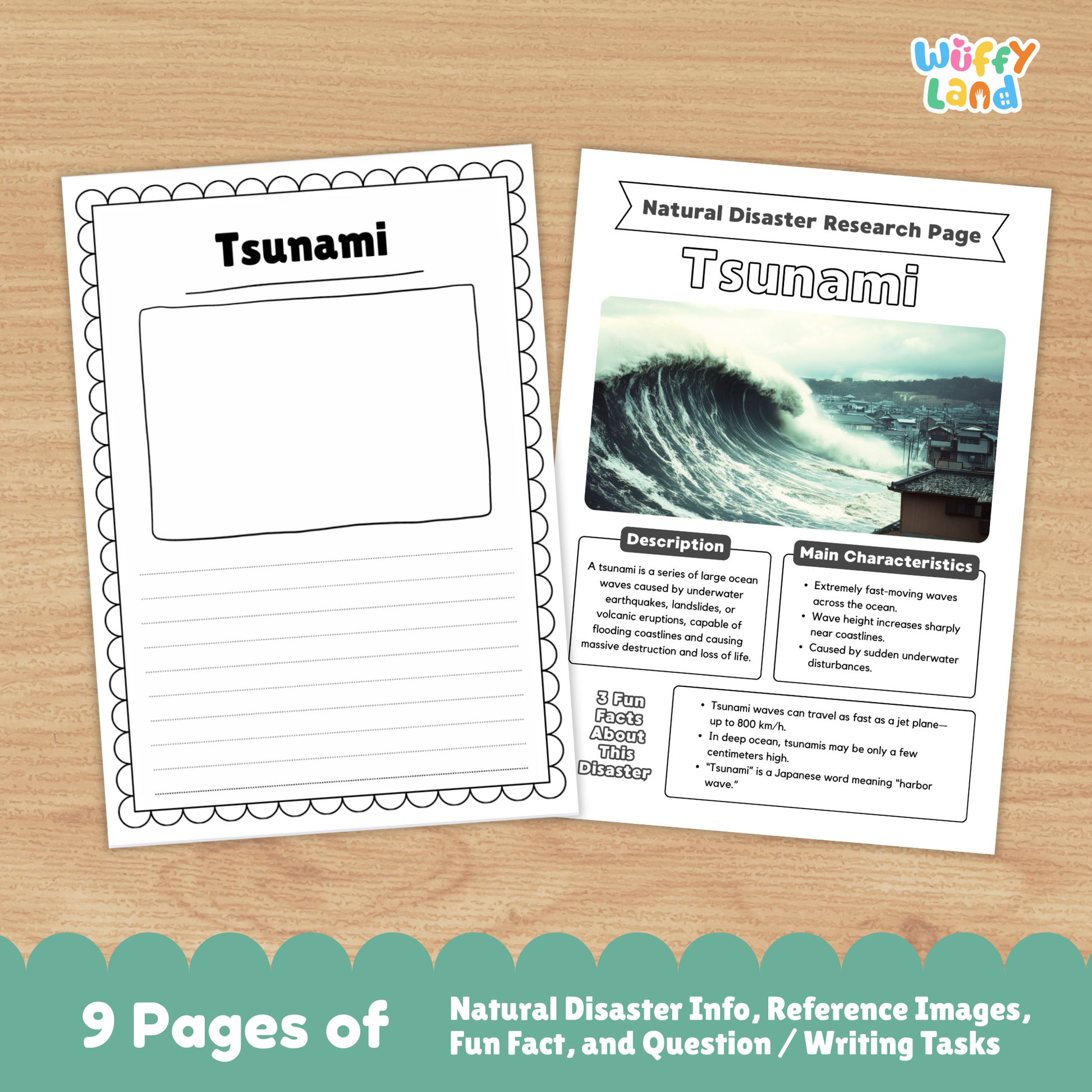 Tsunami country research project printables featuring a main research page, tsunami photo examples, causes and prevention worksheets, and student-friendly activity pages for learning about tsunamis.