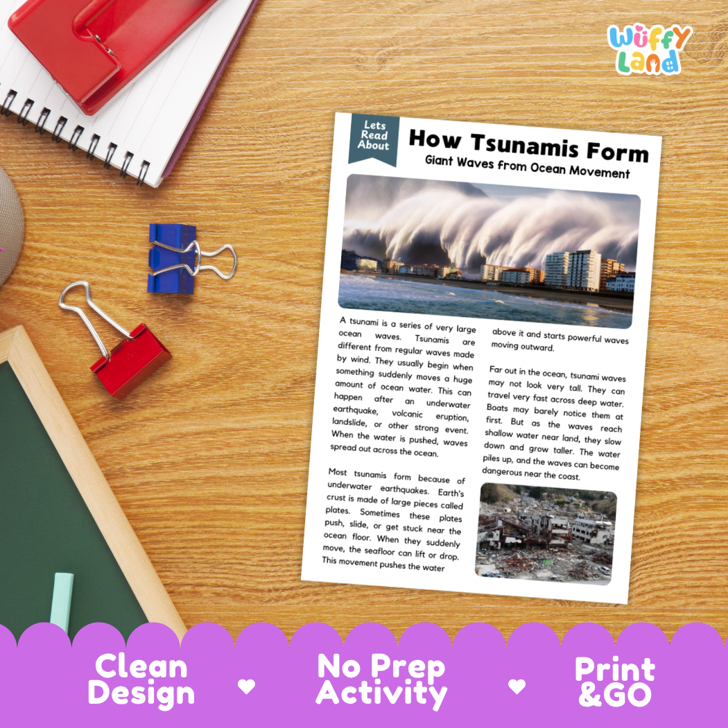 Printable student worksheet with short-answer reading comprehension questions covering tsunami waves and earth science
