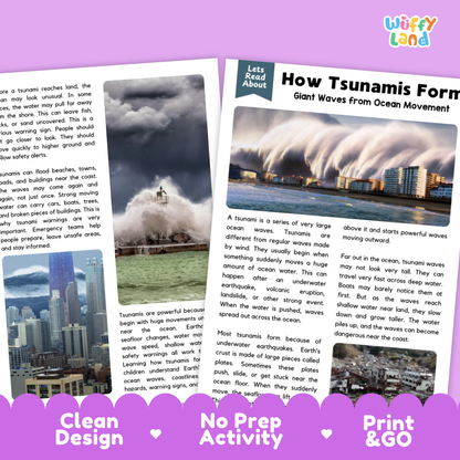 Complete teacher answer key worksheet providing detailed model responses for tsunami comprehension questions