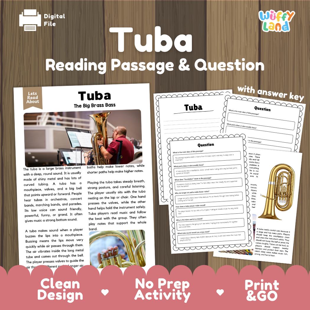 Tuba reading comprehension passage and questions printable activity pack with answer key for elementary students