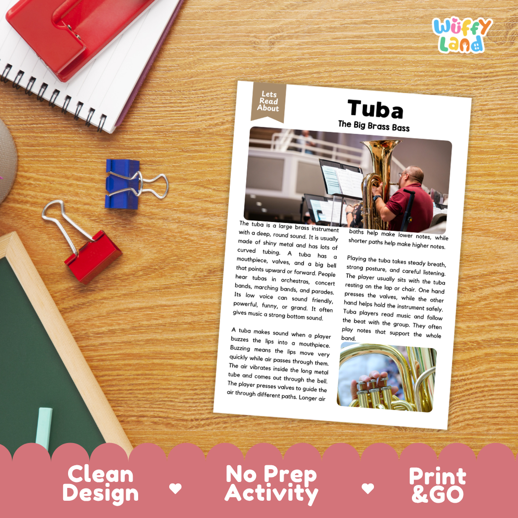 Student reading comprehension worksheet with short-answer questions and lined sections about the tuba instrument