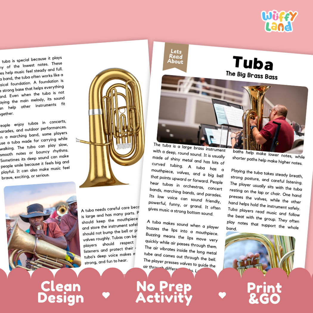 Teacher answer key page showing complete question solutions for Tuba music education reading comprehension practice