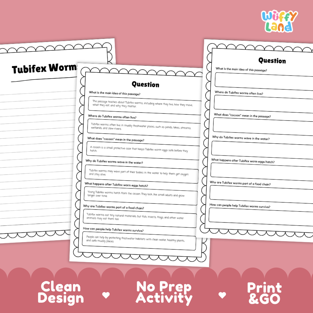 Tubifex Worm Reading Passage and Comprehension Questions Worksheets with Answer Key