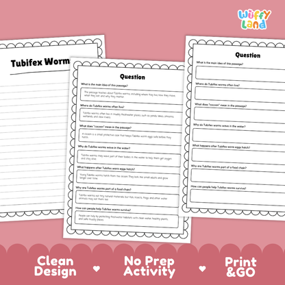 Tubifex Worm Reading Passage and Comprehension Questions Worksheets with Answer Key