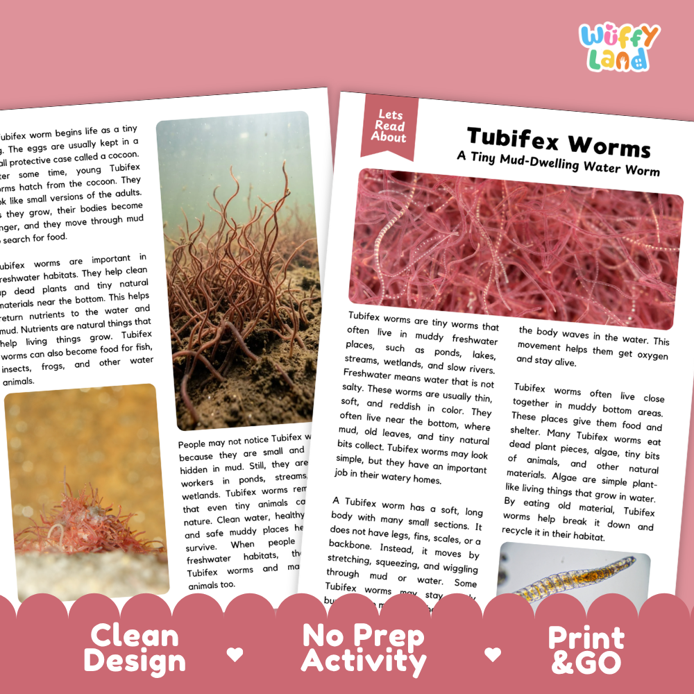 A children's educational activity card set from Wiffly Land titled 'Tubifex Worms: A Tiny Mud Dwelling Water Worm'. The set includes two printed cards with illustrations of tubifex worms and informational text, presented on a white background with a pink and white decorative banner at the bottom.