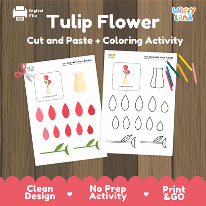 Tulip Flower Cut and Paste Craft and Coloring Activity Worksheets