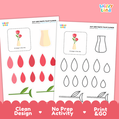 Tulip Flower Cut and Paste Craft and Coloring Activity Worksheets