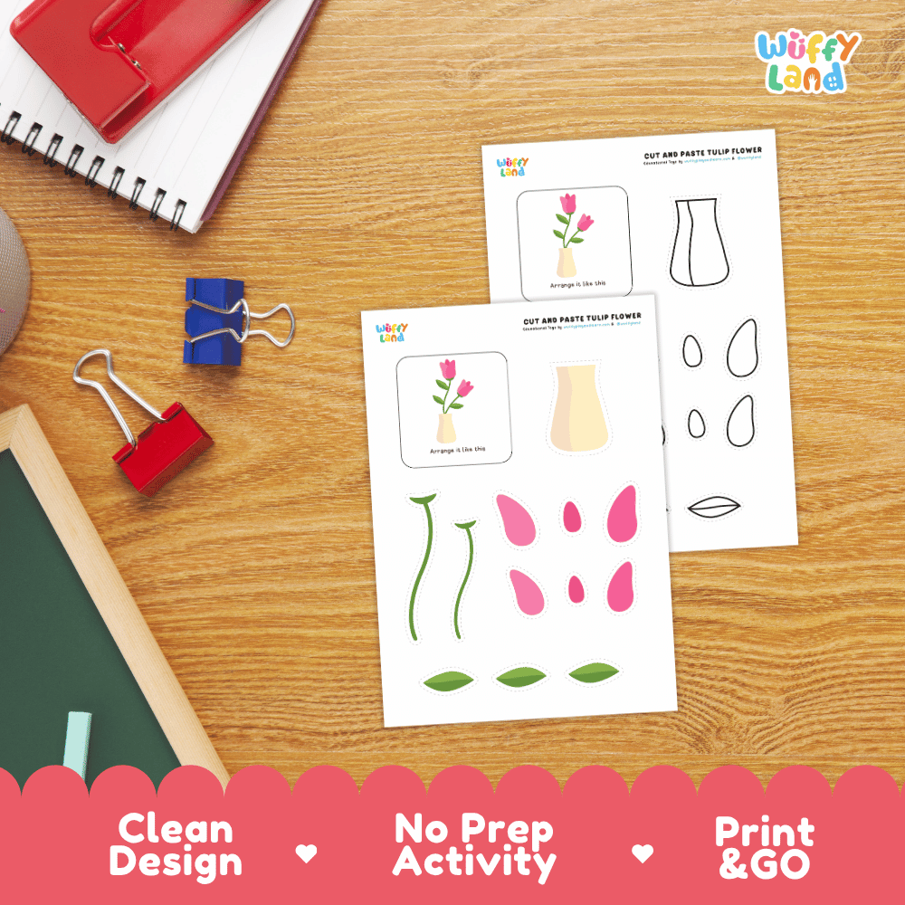 Tulip Flower Cut and Paste Craft and Coloring Activity Worksheets