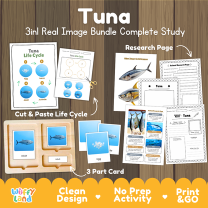 Tuna 3-in-1 real image bundle complete study cover showing cut and paste life cycle, 3 part cards, and research pages