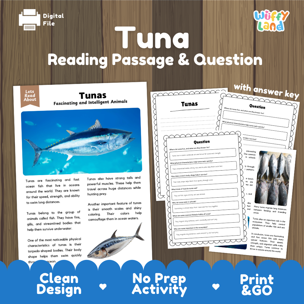 Tuna Reading Passage and Comprehension Questions Worksheets
