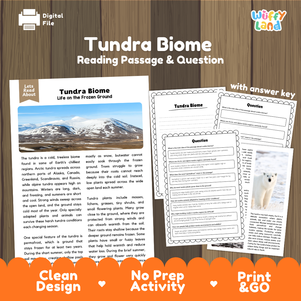 Tundra Biome reading comprehension passage and questions printable activity pack with answer key for elementary students