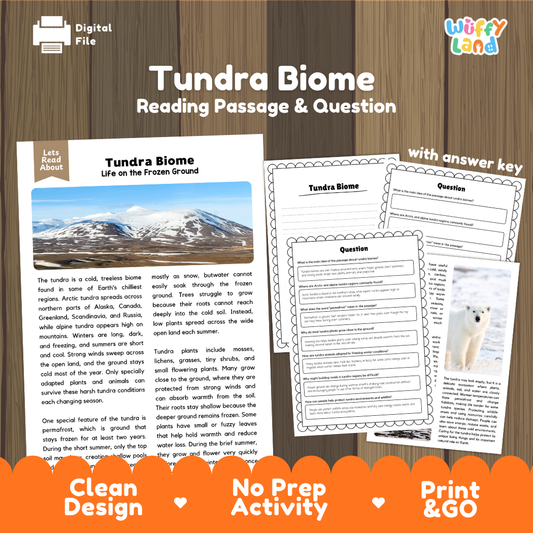 Tundra Biome reading comprehension passage and questions printable activity pack with answer key for elementary students
