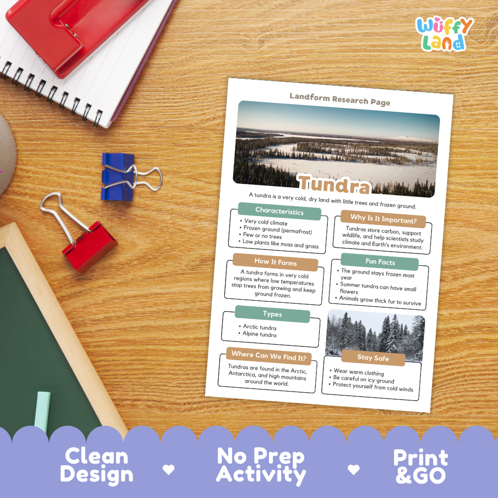 Close-up of informational summary sheet detailing tundra characteristics, permafrost, fun facts, and safety tips