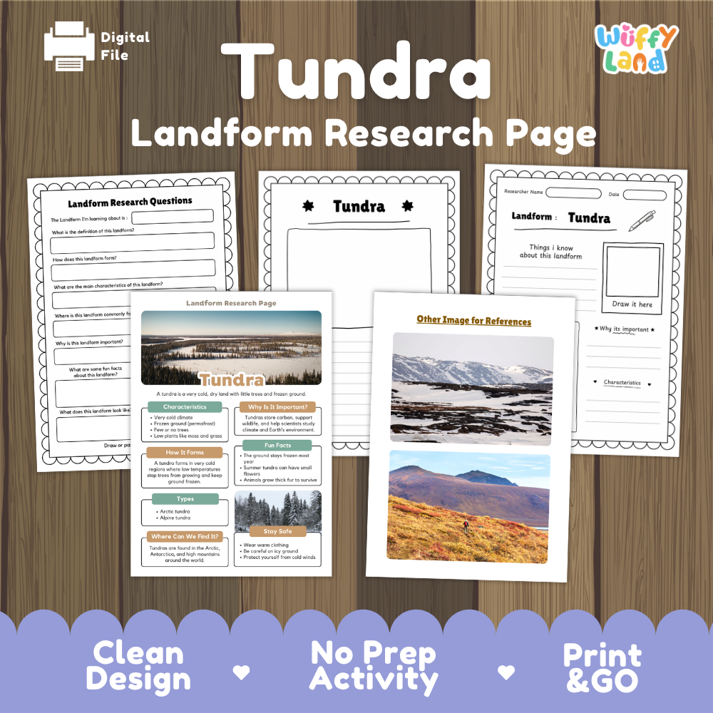 Tundra landform research page cover showing printable research worksheets, information cards, and reference sheets
