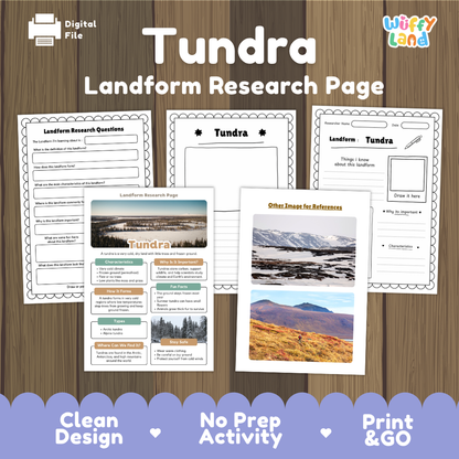 Tundra landform research page cover showing printable research worksheets, information cards, and reference sheets