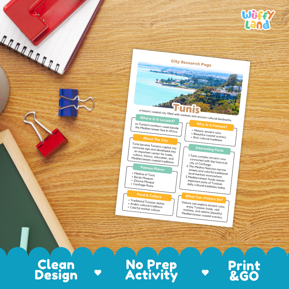 Tunis City Research Project Worksheets and Fact Page Activity