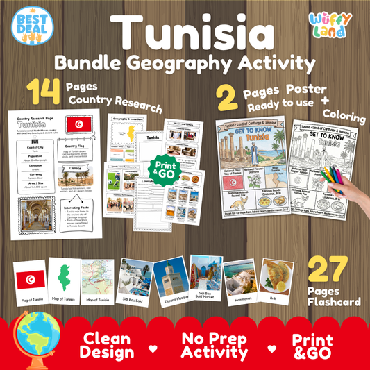 Tunisia geography activity bundle cover showing 14 country research pages, 2 ready to use coloring posters, and 27 photo flashcards
