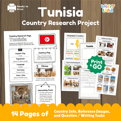 A country research project for Tunisia, detailing its capital city, population, language, currency, and climate. The project includes sections about Tunisia's traditional clothing, music, sports, and famous landmarks. It features a map of Tunisia and fun facts about its geography and history, such as its role in ancient Carthage and its appearance in Star Wars films.