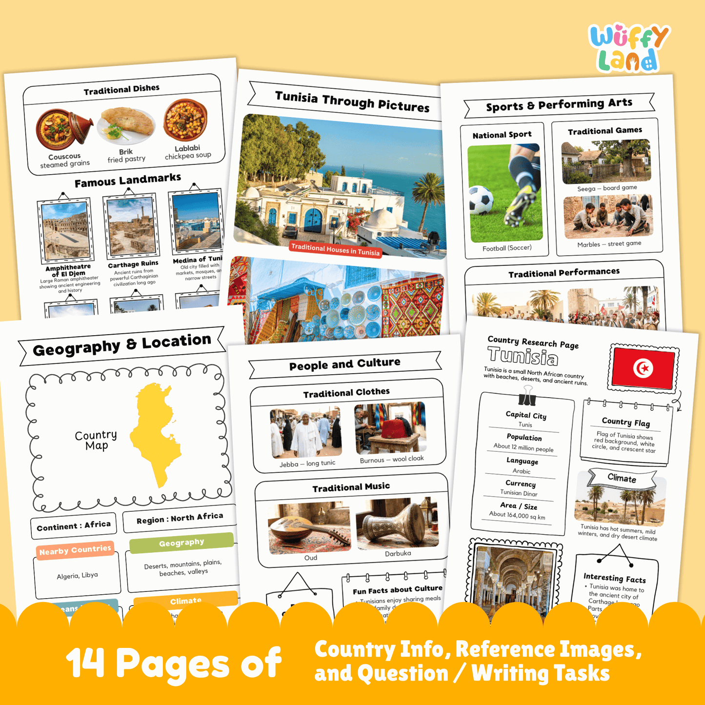 A country research project for Tunisia, detailing its capital city, population, language, currency, and climate. The project includes sections about Tunisia's traditional clothing, music, sports, and famous landmarks. It features a map of Tunisia and fun facts about its geography and history, such as its role in ancient Carthage and its appearance in Star Wars films.
