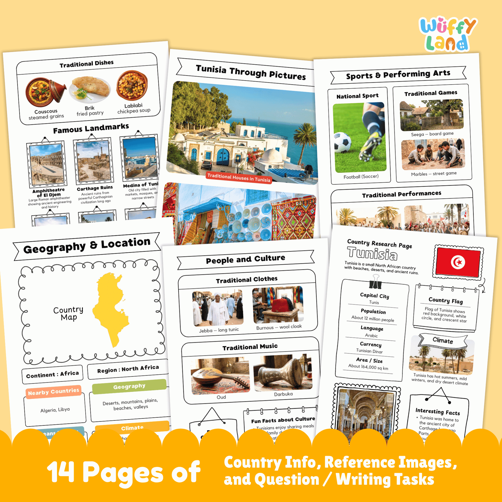 A country research project for Tunisia, detailing its capital city, population, language, currency, and climate. The project includes sections about Tunisia's traditional clothing, music, sports, and famous landmarks. It features a map of Tunisia and fun facts about its geography and history, such as its role in ancient Carthage and its appearance in Star Wars films.