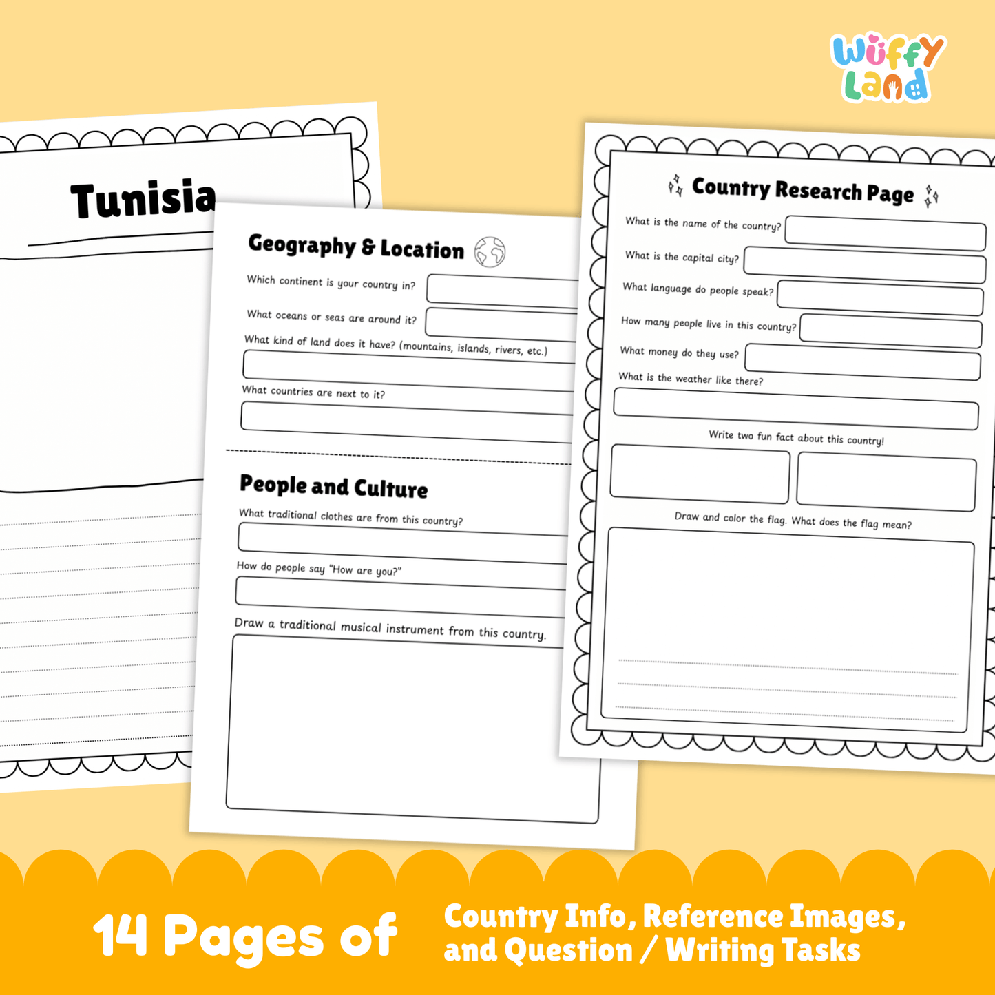 A country research project for Tunisia, detailing its capital city, population, language, currency, and climate. The project includes sections about Tunisia's traditional clothing, music, sports, and famous landmarks. It features a map of Tunisia and fun facts about its geography and history, such as its role in ancient Carthage and its appearance in Star Wars films.