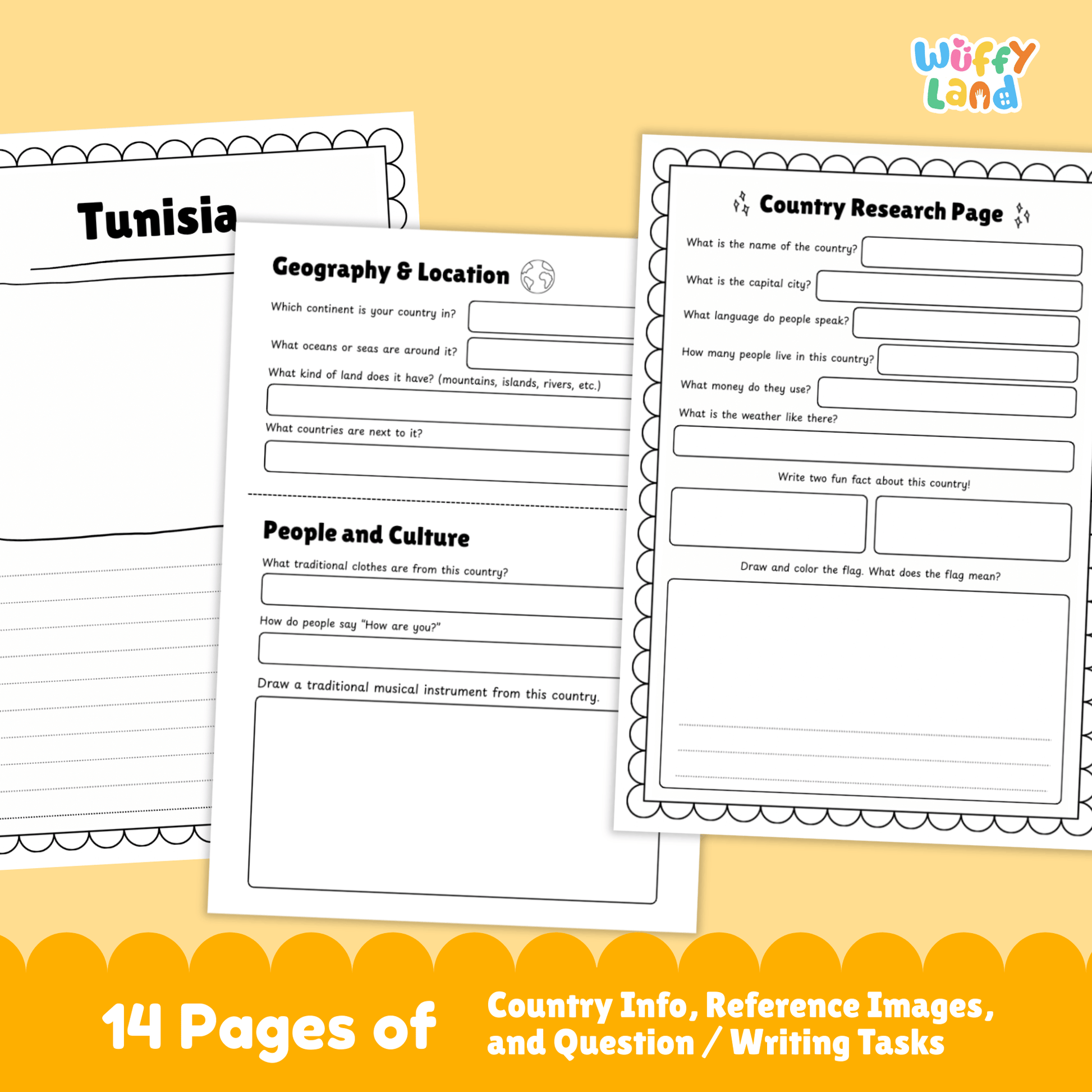 A country research project for Tunisia, detailing its capital city, population, language, currency, and climate. The project includes sections about Tunisia's traditional clothing, music, sports, and famous landmarks. It features a map of Tunisia and fun facts about its geography and history, such as its role in ancient Carthage and its appearance in Star Wars films.