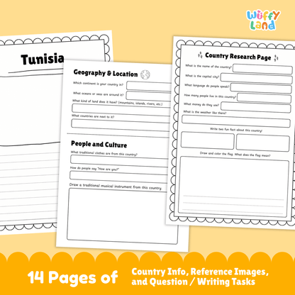 A country research project for Tunisia, detailing its capital city, population, language, currency, and climate. The project includes sections about Tunisia's traditional clothing, music, sports, and famous landmarks. It features a map of Tunisia and fun facts about its geography and history, such as its role in ancient Carthage and its appearance in Star Wars films.