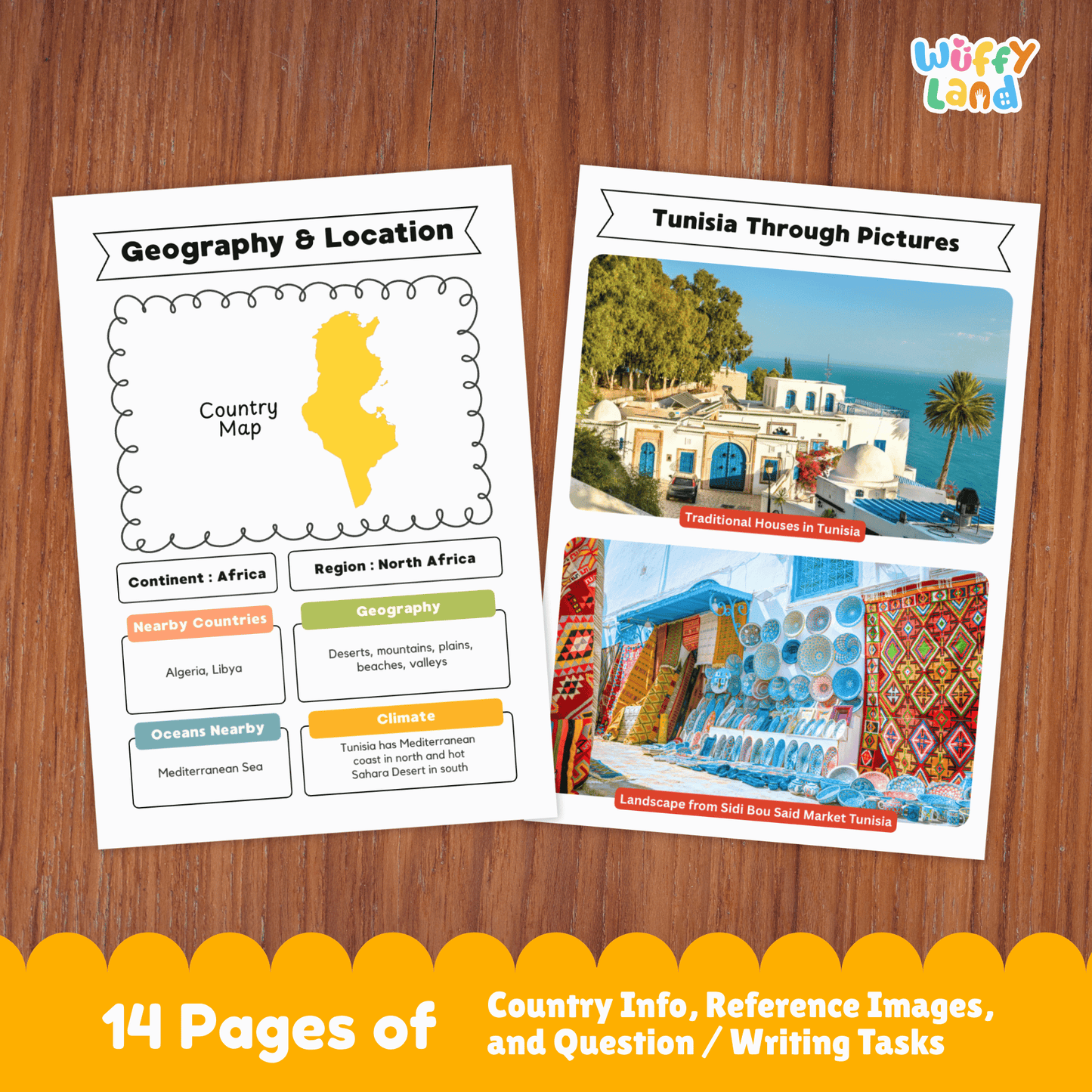 A country research project for Tunisia, detailing its capital city, population, language, currency, and climate. The project includes sections about Tunisia's traditional clothing, music, sports, and famous landmarks. It features a map of Tunisia and fun facts about its geography and history, such as its role in ancient Carthage and its appearance in Star Wars films.