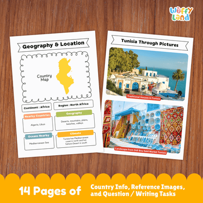 A country research project for Tunisia, detailing its capital city, population, language, currency, and climate. The project includes sections about Tunisia's traditional clothing, music, sports, and famous landmarks. It features a map of Tunisia and fun facts about its geography and history, such as its role in ancient Carthage and its appearance in Star Wars films.