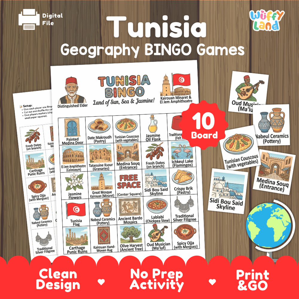Tunisia Geography BINGO Game | Tunisian Culture and Landmarks Printable Activity
