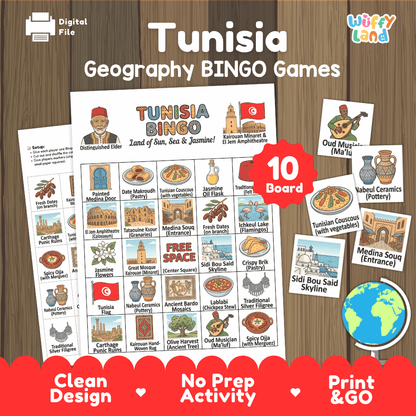 Tunisia Geography BINGO Game | Tunisian Culture and Landmarks Printable Activity