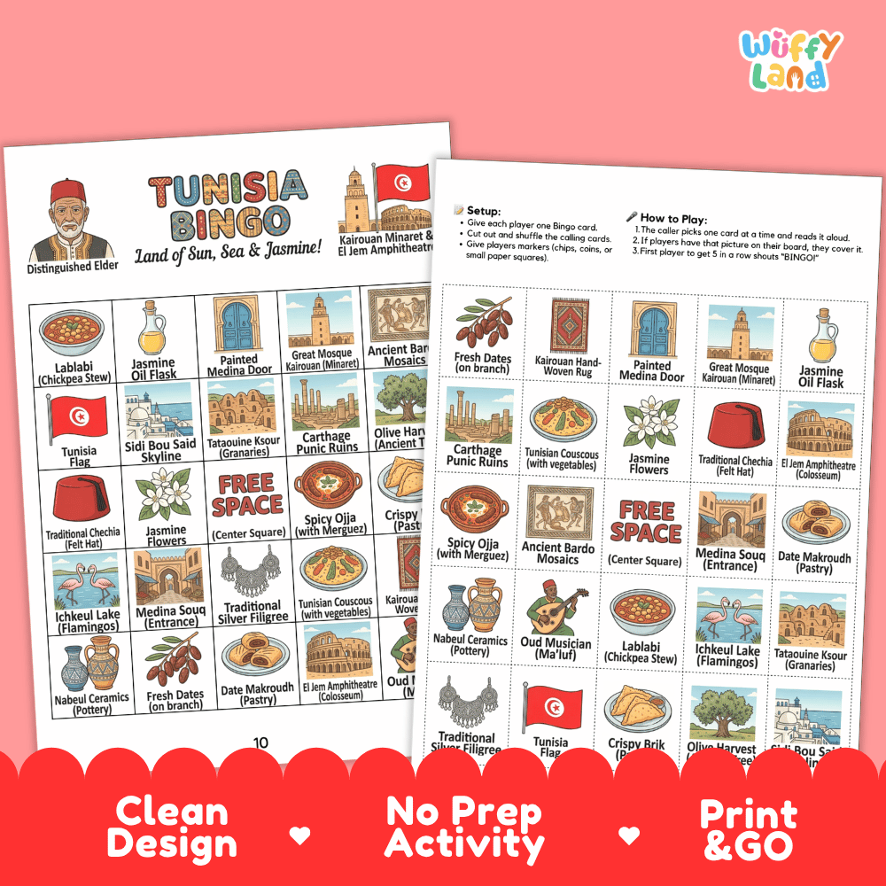 Tunisia Geography BINGO Game | Tunisian Culture and Landmarks Printable Activity