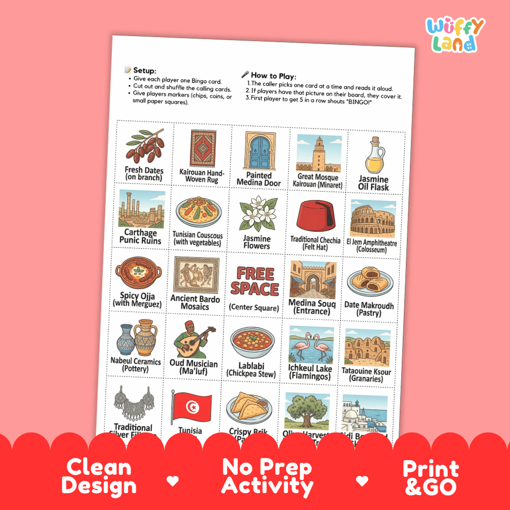 Tunisia Geography BINGO Game | Tunisian Culture and Landmarks Printable Activity