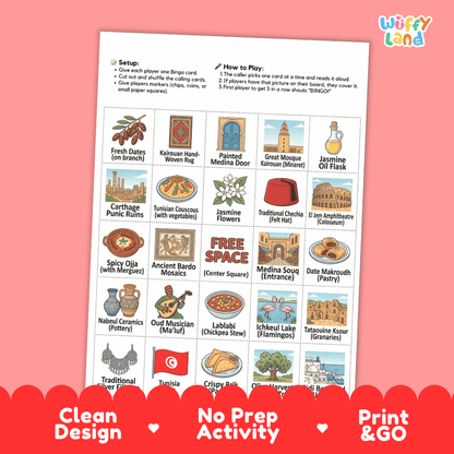 Tunisia Geography BINGO Game | Tunisian Culture and Landmarks Printable Activity