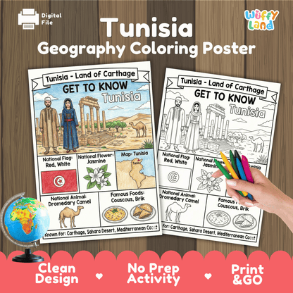 Tunisia Country Study Geography Coloring Page Worksheet Activity | Africa
