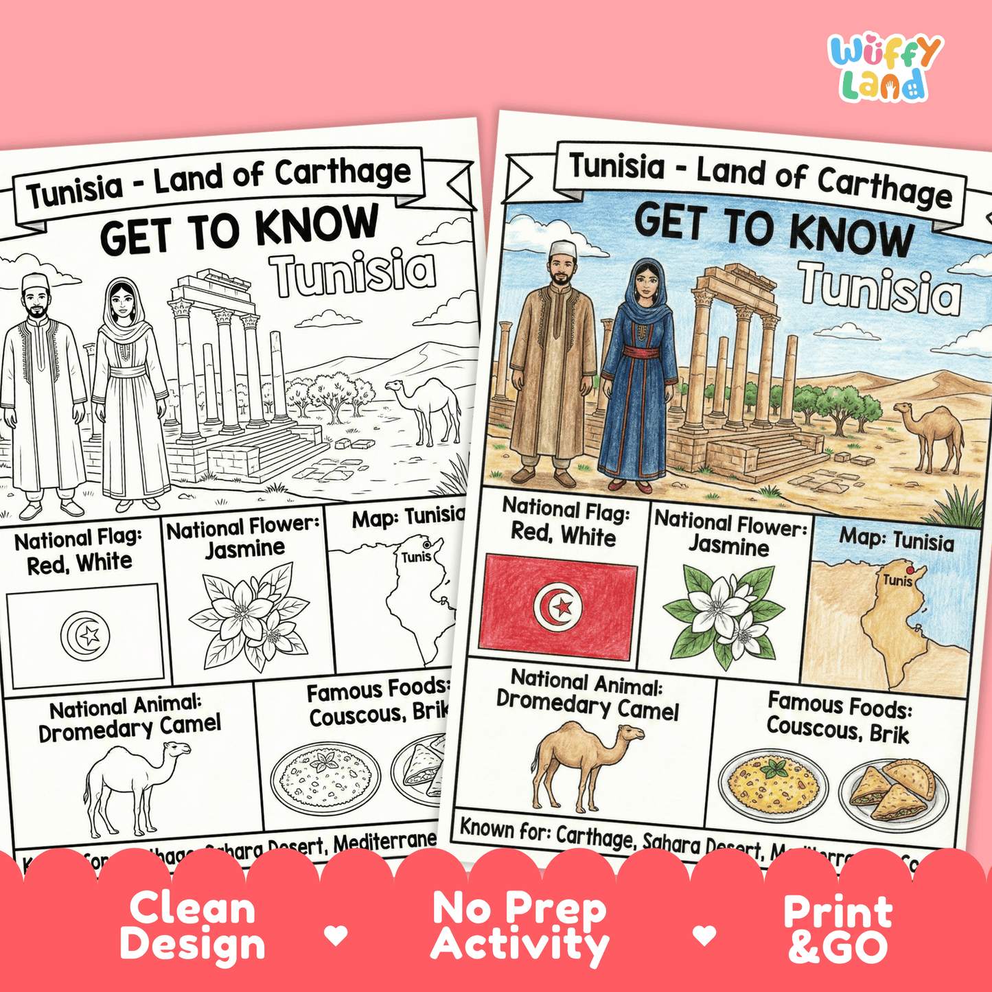Tunisia Country Study Geography Coloring Page Worksheet Activity | Africa