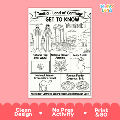 Tunisia Geography Coloring Poster | Country Study Research Worksheet Activity